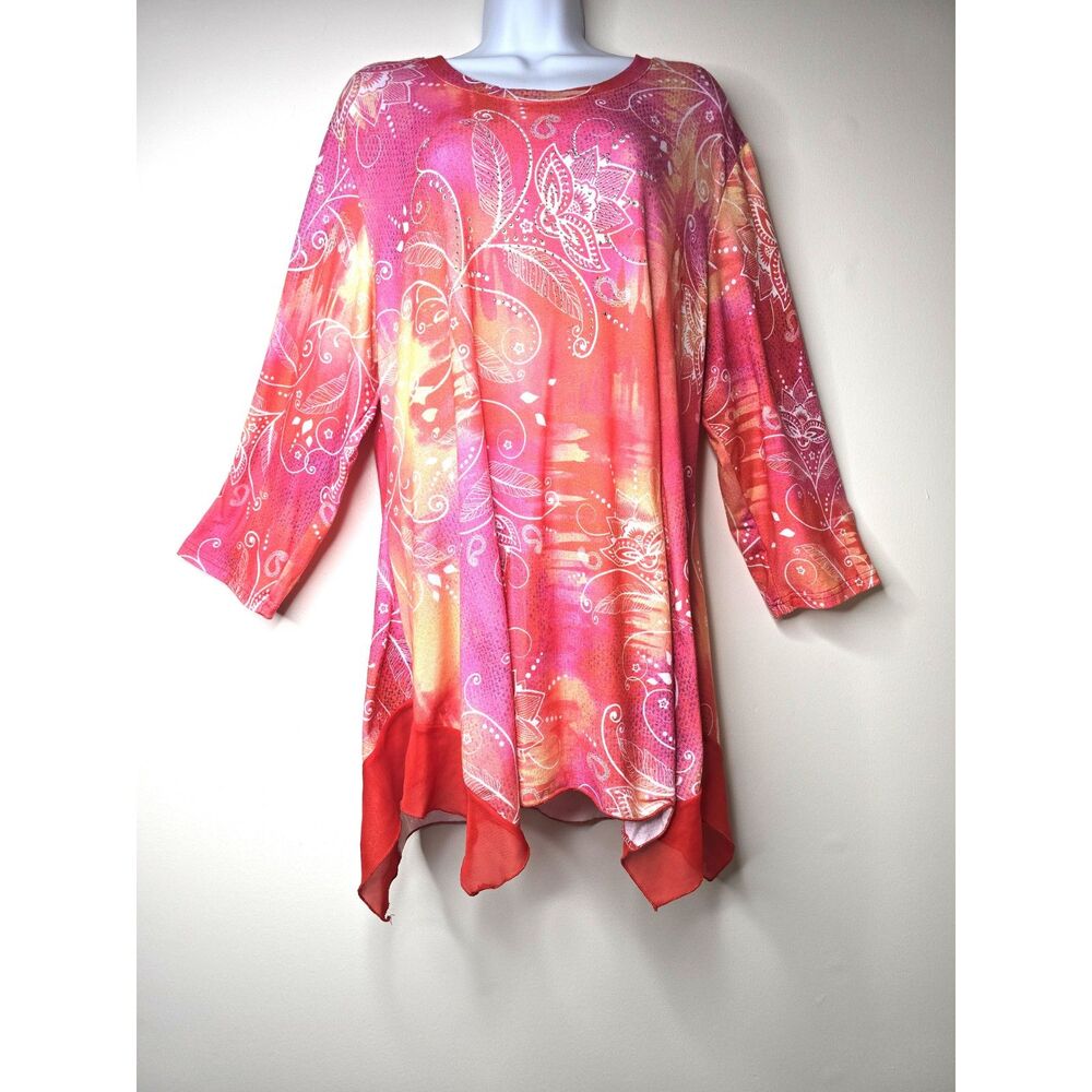 Indigo Soul Tunic Top Sz. L Pink Orange Paisley Floral Handkerchief Hem Flowy